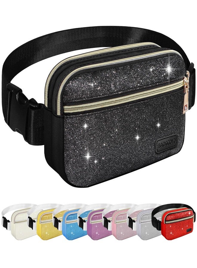 BAOGCOYO Fanny Packs for Women Men Mini Fashion Glitter Waist Packs with Adjustable Strap and 3 Zipper Pockets Everywhere Crossbody Belt Bag for Outdoors Running Travelling (Black Bling Sparkle) - Image 1